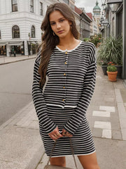 Casual Crew Neck Cardigan And Midi Skirt Striped Knitted Two Piece Set Mssza
