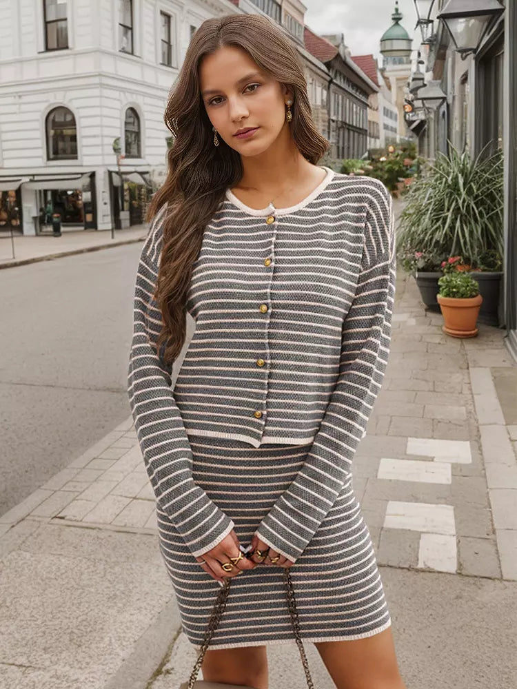 Casual Crew Neck Cardigan And Midi Skirt Striped Knitted Two Piece Set Mssza