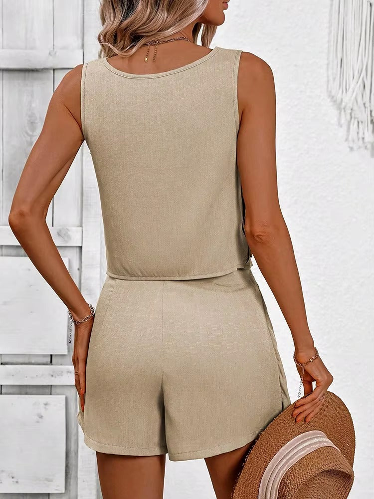 Casual Crew Neck sleeveless Lace-up Vest Daily Tops Short Pants 2 Piece Sets Mssza