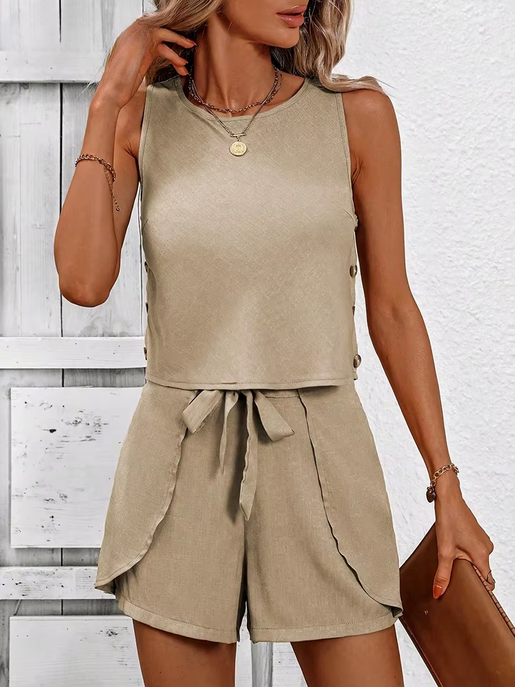 Casual Crew Neck sleeveless Lace-up Vest Daily Tops Short Pants 2 Piece Sets Mssza