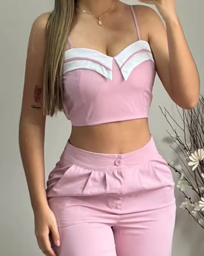 Casual Crop Cami Top And Pocket Design Pant Two Piece Set Mssza
