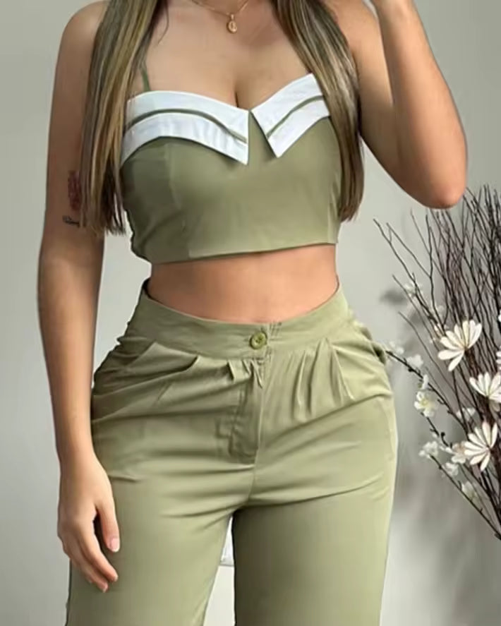 Casual Crop Cami Top And Pocket Design Pant Two Piece Set Mssza