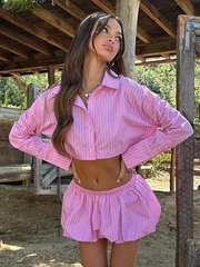 Casual Crop Top And Mini Skirt Loose Stripe Print 2 Pieces Set Mssza
