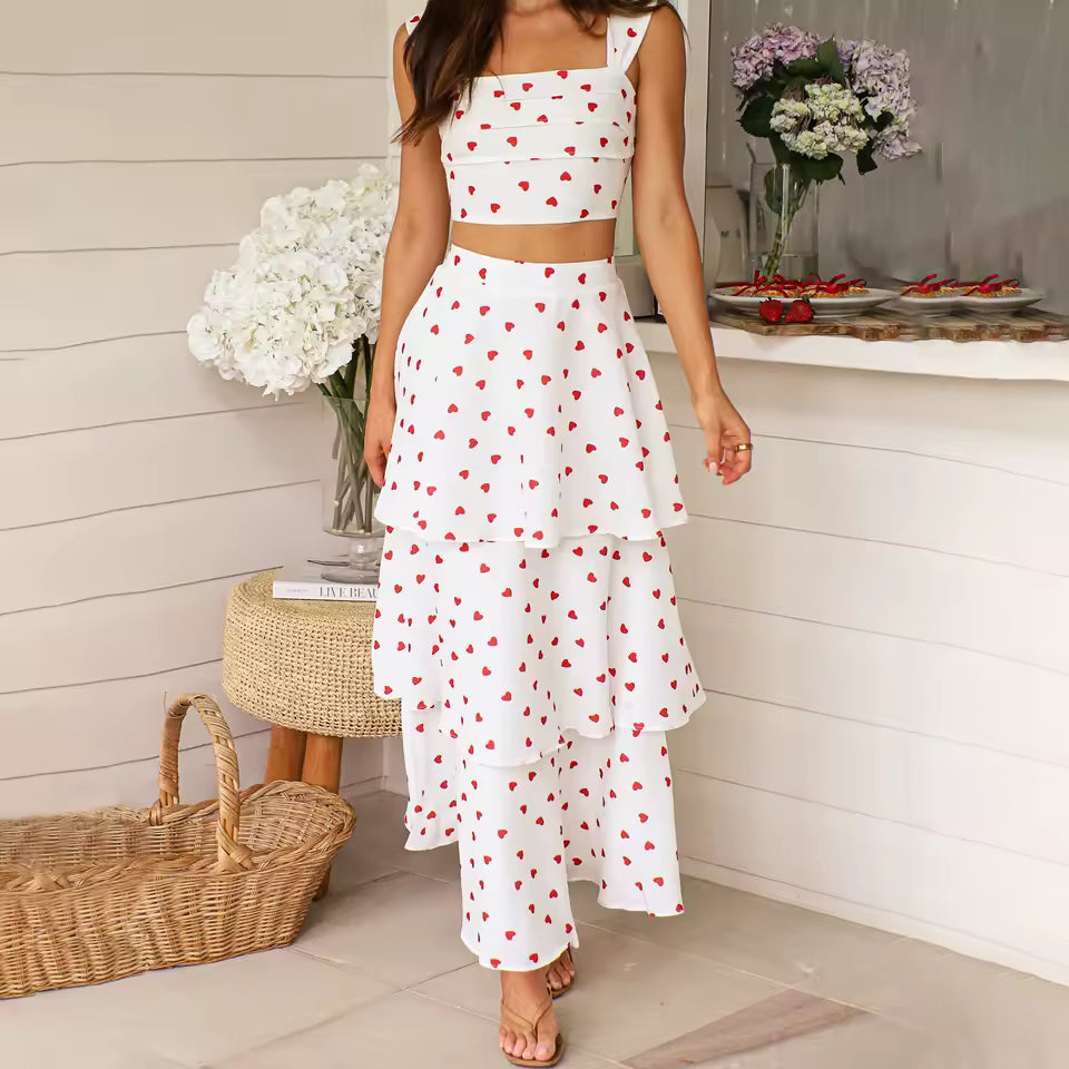 Casual Crop Tops And High Waist Layered A-line Long Skirt Heart Print 2 Piece Set Mssza