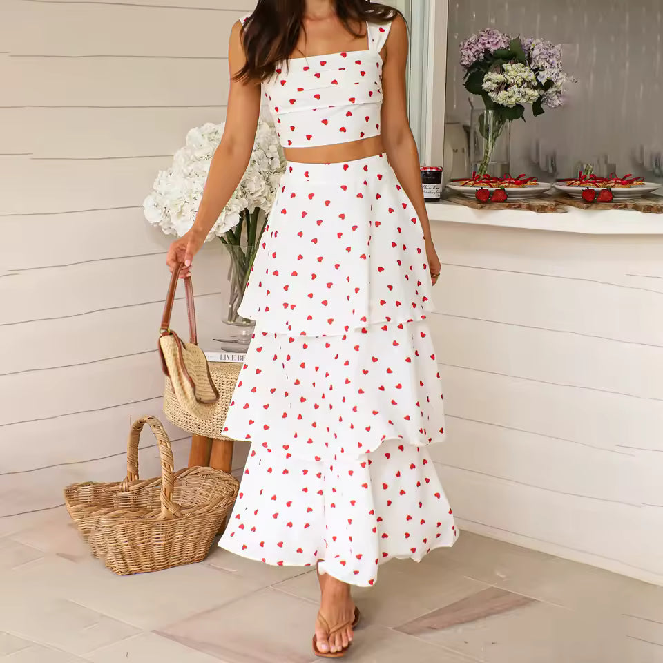 Casual Crop Tops And High Waist Layered A-line Long Skirt Heart Print 2 Piece Set Mssza
