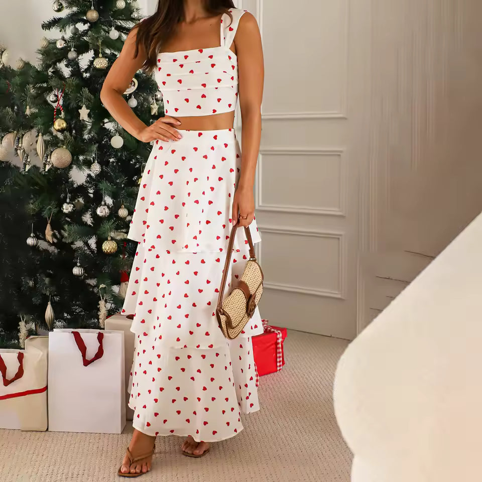 Casual Crop Tops And High Waist Layered A-line Long Skirt Heart Print 2 Piece Set Mssza