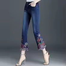Casual Cropped Denim Trousers Embroidery Flowers Flare Jeans Mssza