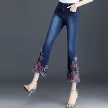 Casual Cropped Denim Trousers Embroidery Flowers Flare Jeans Mssza