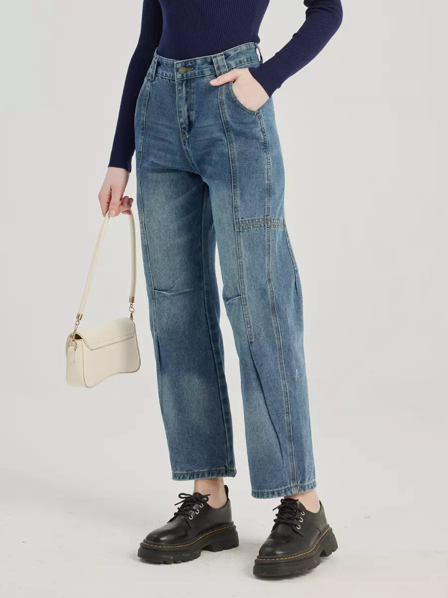 Casual Cropped Straight Solid Color Zipper Fly Jeans Mssza