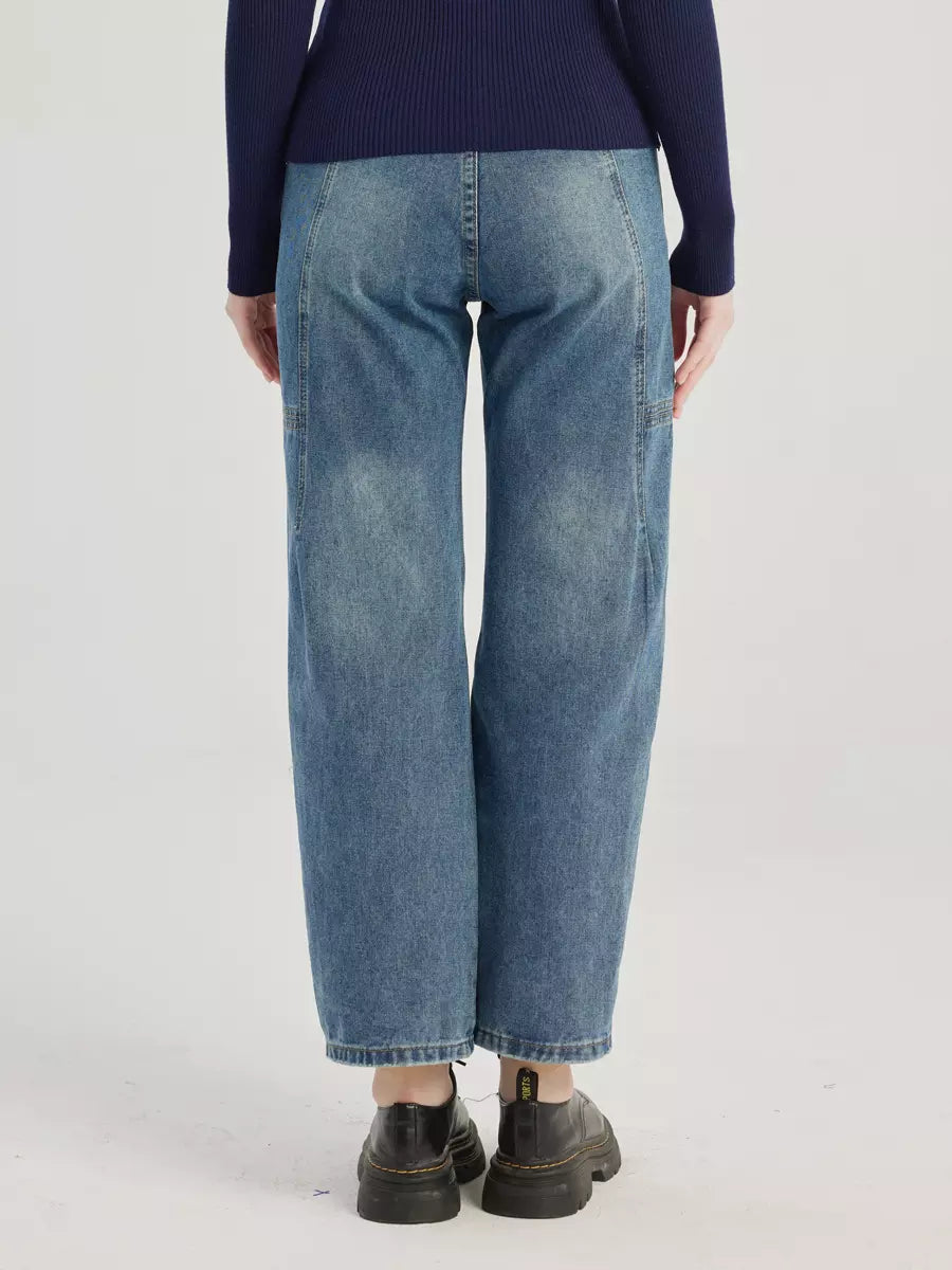 Casual Cropped Straight Solid Color Zipper Fly Jeans Mssza