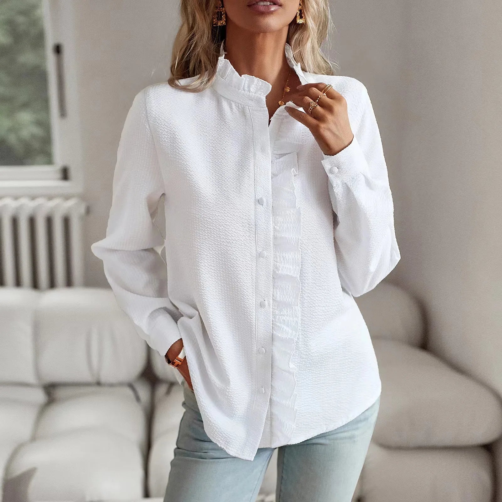 Casual Cross Border Long Sleeved Ruffle Button Shirt Top Mssza