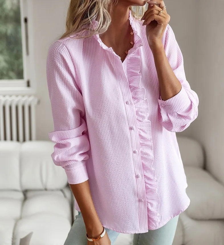 Casual Cross Border Long Sleeved Ruffle Button Shirt Top Mssza