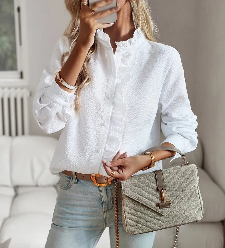 Casual Cross Border Long Sleeved Ruffle Button Shirt Top Mssza