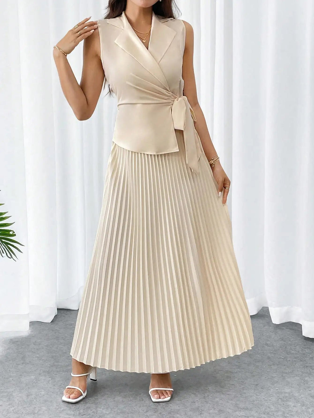 Casual Cross-Border Turn-Down Collar Jacket Long Pleated Skirt Suit Mssza