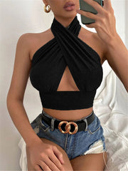Casual Cross Halter Neck Hollow Out High Street Tank Tops Mssza