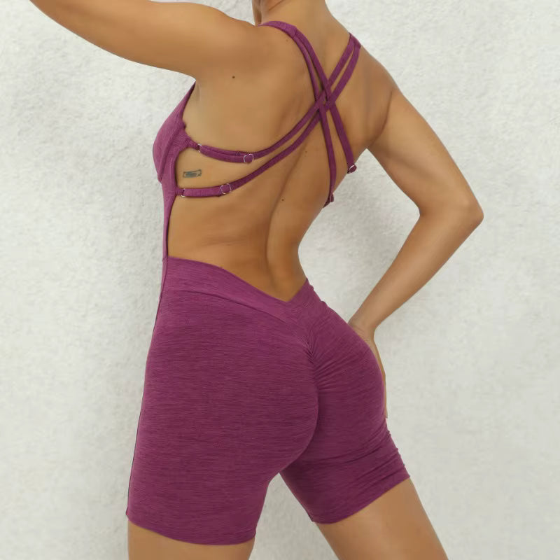 Cross Hip-lifting Halter Pocket Tight Shorts One-Piece Yoga Jumpsuits Mssza