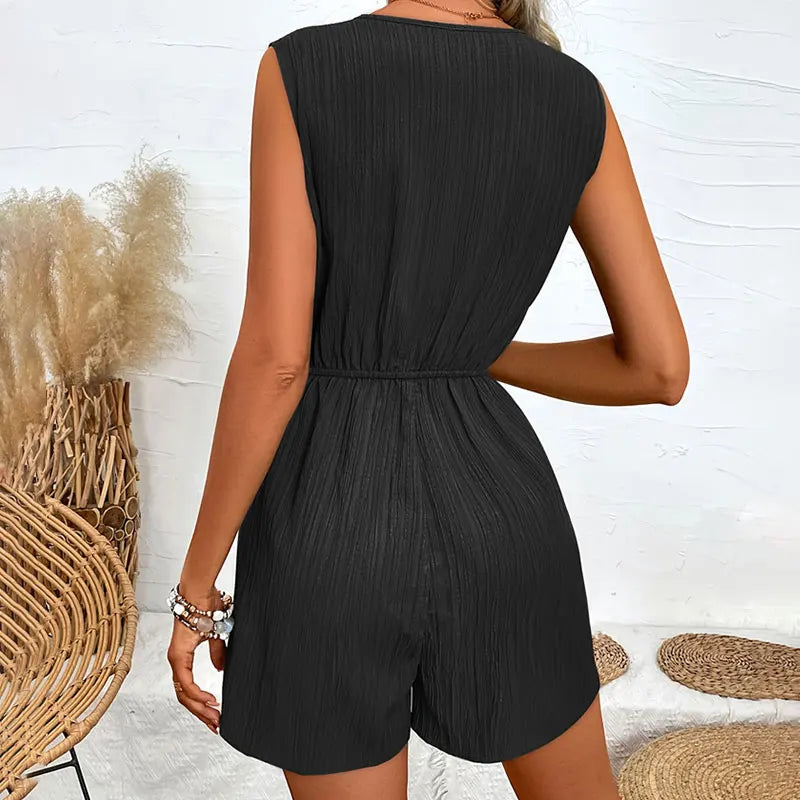 Casual Cross V-neck Herringbone Sleeveless Solid Short Jump Suit Mssza