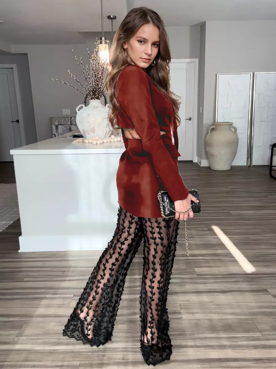 Casual Cut Out Blazer And Leaf Pattern Sheer Pants Two Piece Set Mssza