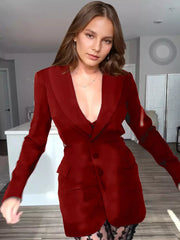 Casual Cut Out Blazer And Leaf Pattern Sheer Pants Two Piece Set Mssza