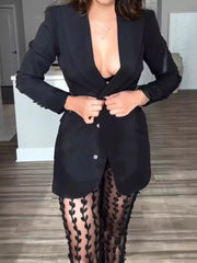 Casual Cut Out Blazer And Leaf Pattern Sheer Pants Two Piece Set Mssza