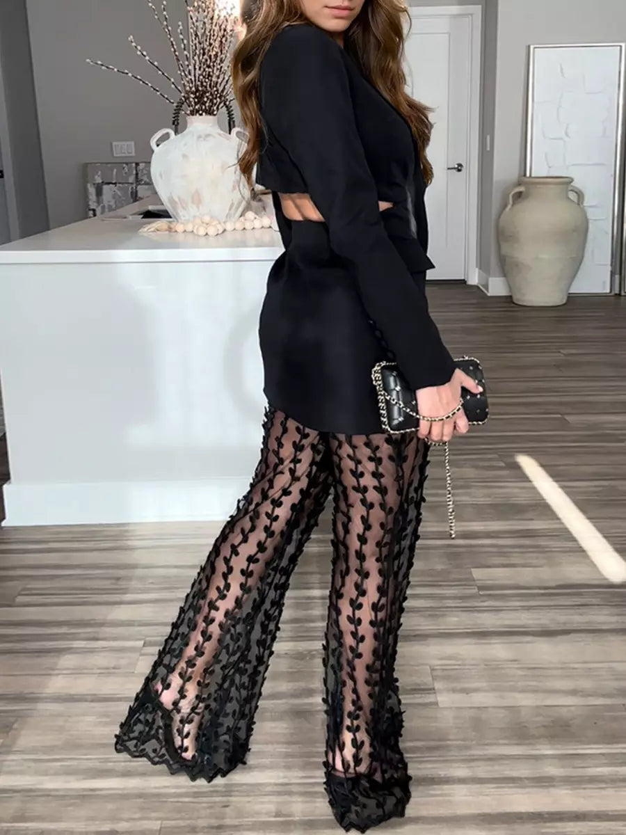 Casual Cut Out Blazer And Leaf Pattern Sheer Pants Two Piece Set Mssza