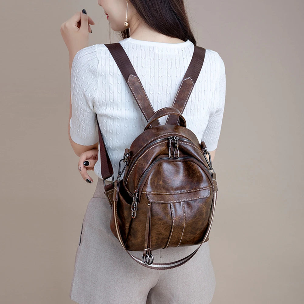 Casual Daypack Soft Genuine Leather Waterproof Mini Rucksack Shoulders Backpack Mssza