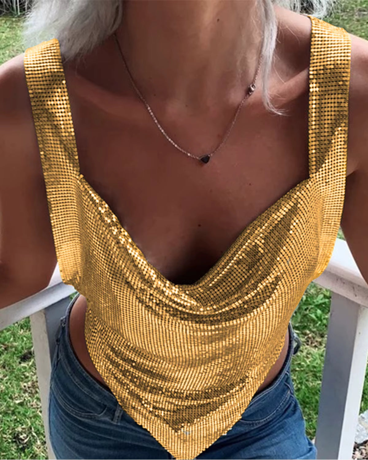 Casual Deep V Neck Backless Off The Shoulder Metal Sequin Tank Top Mssza