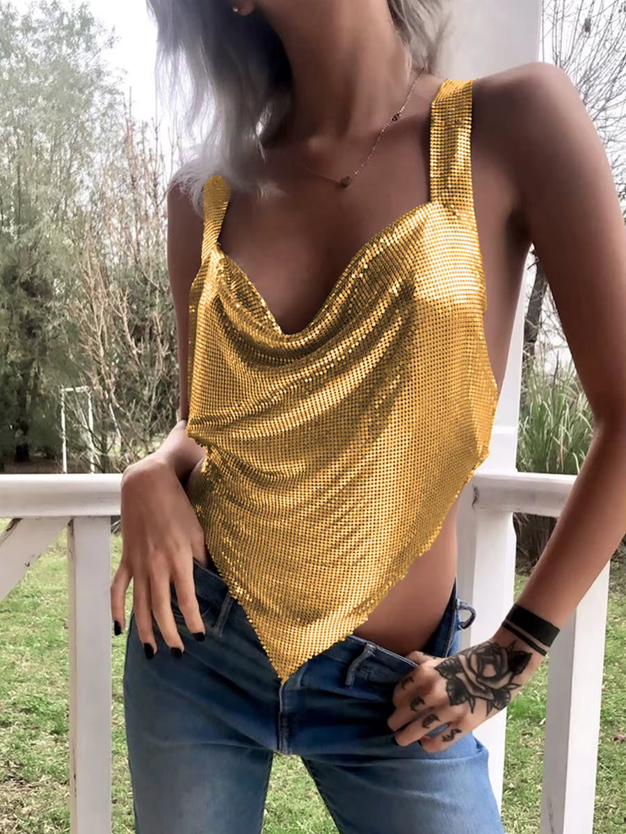 Casual Deep V Neck Backless Off The Shoulder Metal Sequin Tank Top Mssza