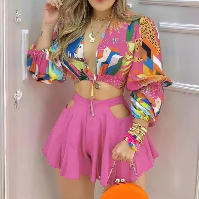 Casual Deep V-Neck Printed Lantern Sleeve Top and Waist Hollowed Out Shorts Two-Piece Set Mssza