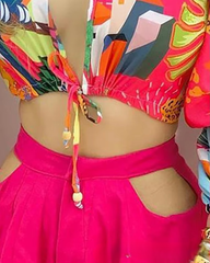 Casual Deep V-Neck Printed Lantern Sleeve Top and Waist Hollowed Out Shorts Two-Piece Set Mssza