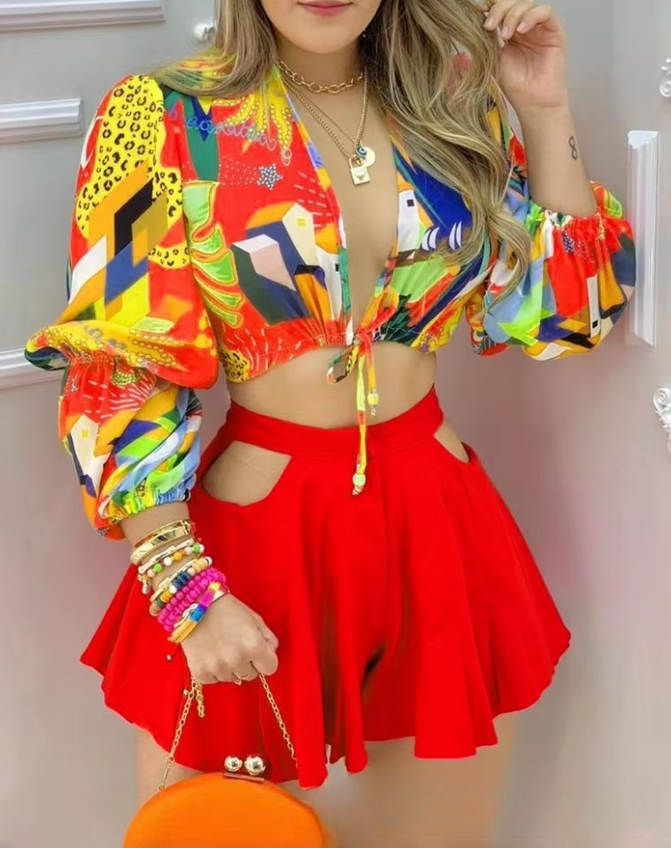 Casual Deep V-Neck Printed Lantern Sleeve Top and Waist Hollowed Out Shorts Two-Piece Set Mssza