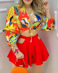 Casual Deep V-Neck Printed Lantern Sleeve Top and Waist Hollowed Out Shorts Two-Piece Set Mssza