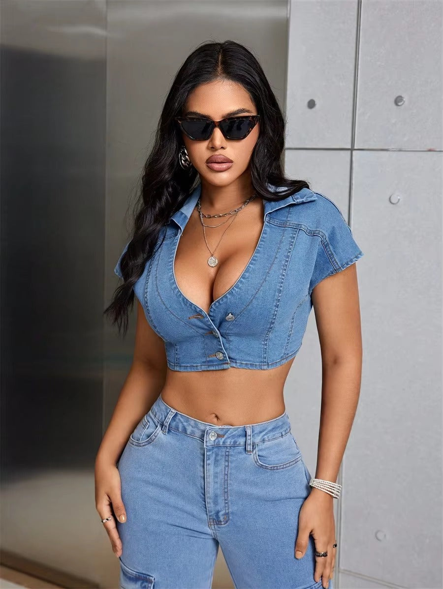 Casual Deep V-neck Street Style Low-cut Top Button Up Slim Jean Blouses Mssza