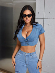 Casual Deep V-neck Street Style Low-cut Top Button Up Slim Jean Blouses Mssza