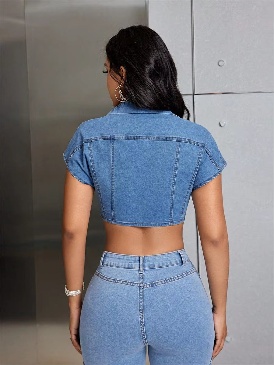 Casual Deep V-neck Street Style Low-cut Top Button Up Slim Jean Blouses Mssza