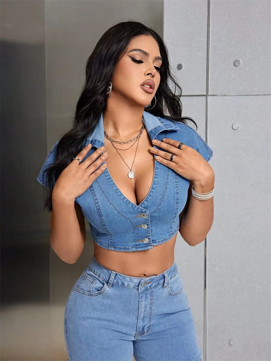 Casual Deep V-neck Street Style Low-cut Top Button Up Slim Jean Blouses Mssza