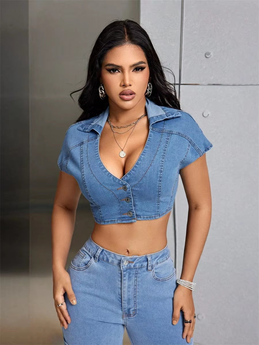 Casual Deep V-neck Street Style Low-cut Top Button Up Slim Jean Blouses Mssza