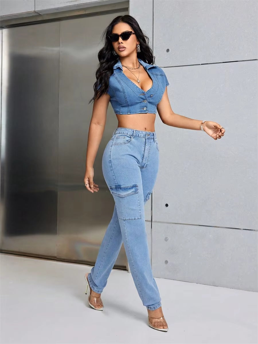 Casual Deep V-neck Street Style Low-cut Top Button Up Slim Jean Blouses Mssza