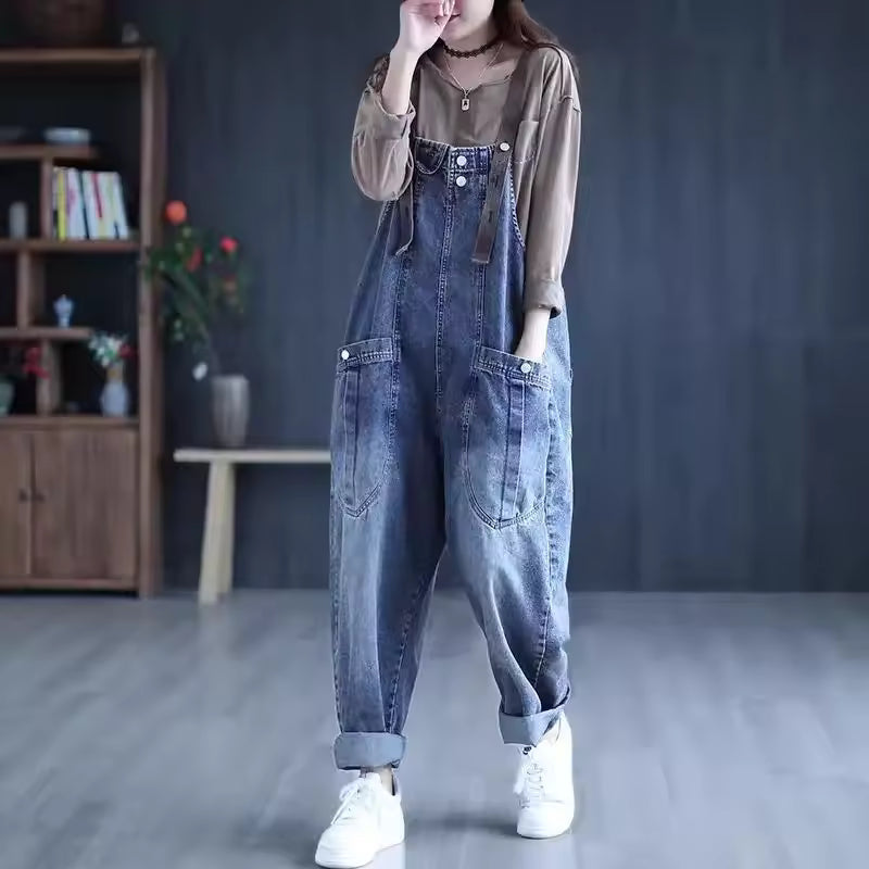 Casual Denim High Waist Vintage Loose Fit Pocket Pants Jumpsuits Mssza