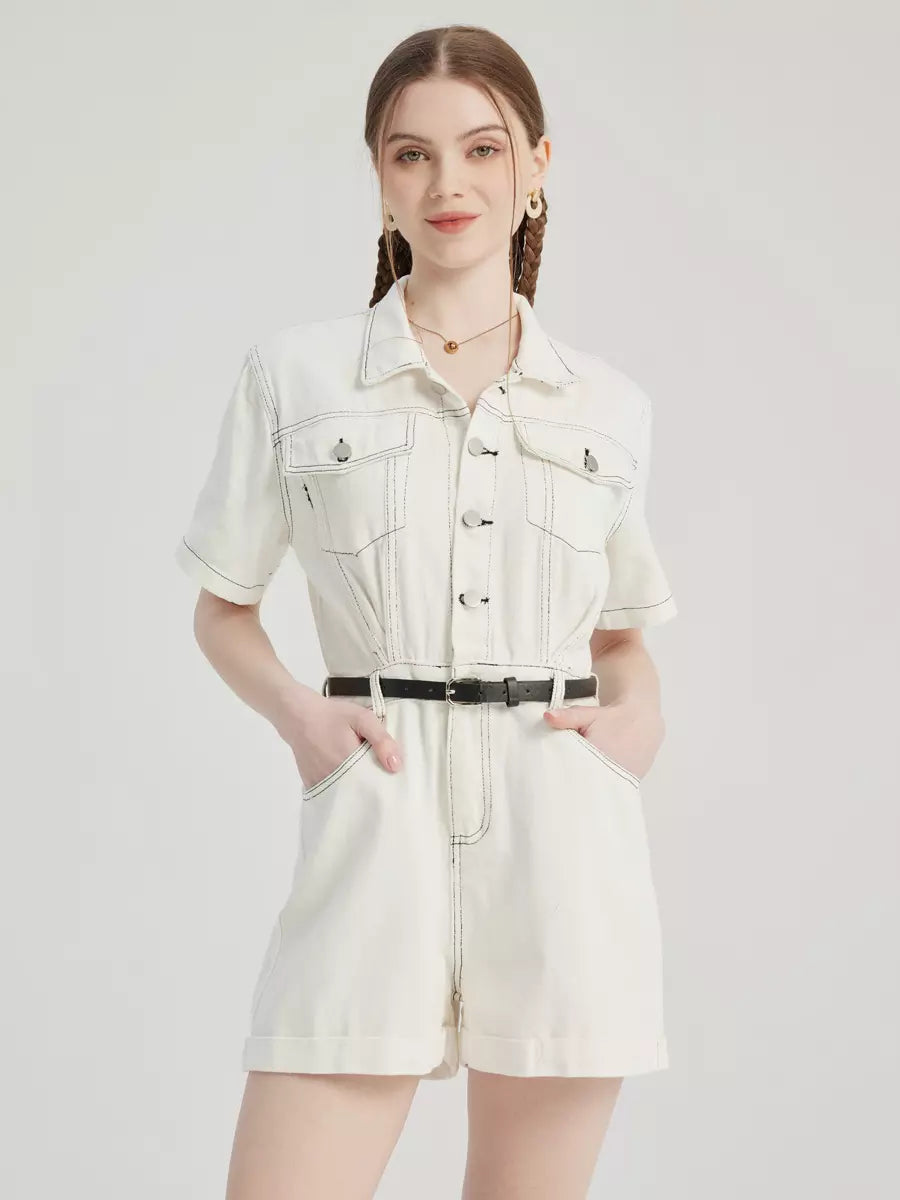 Casual Denim Solid Color Buttons Short Sleeve Jumpsuit Mssza