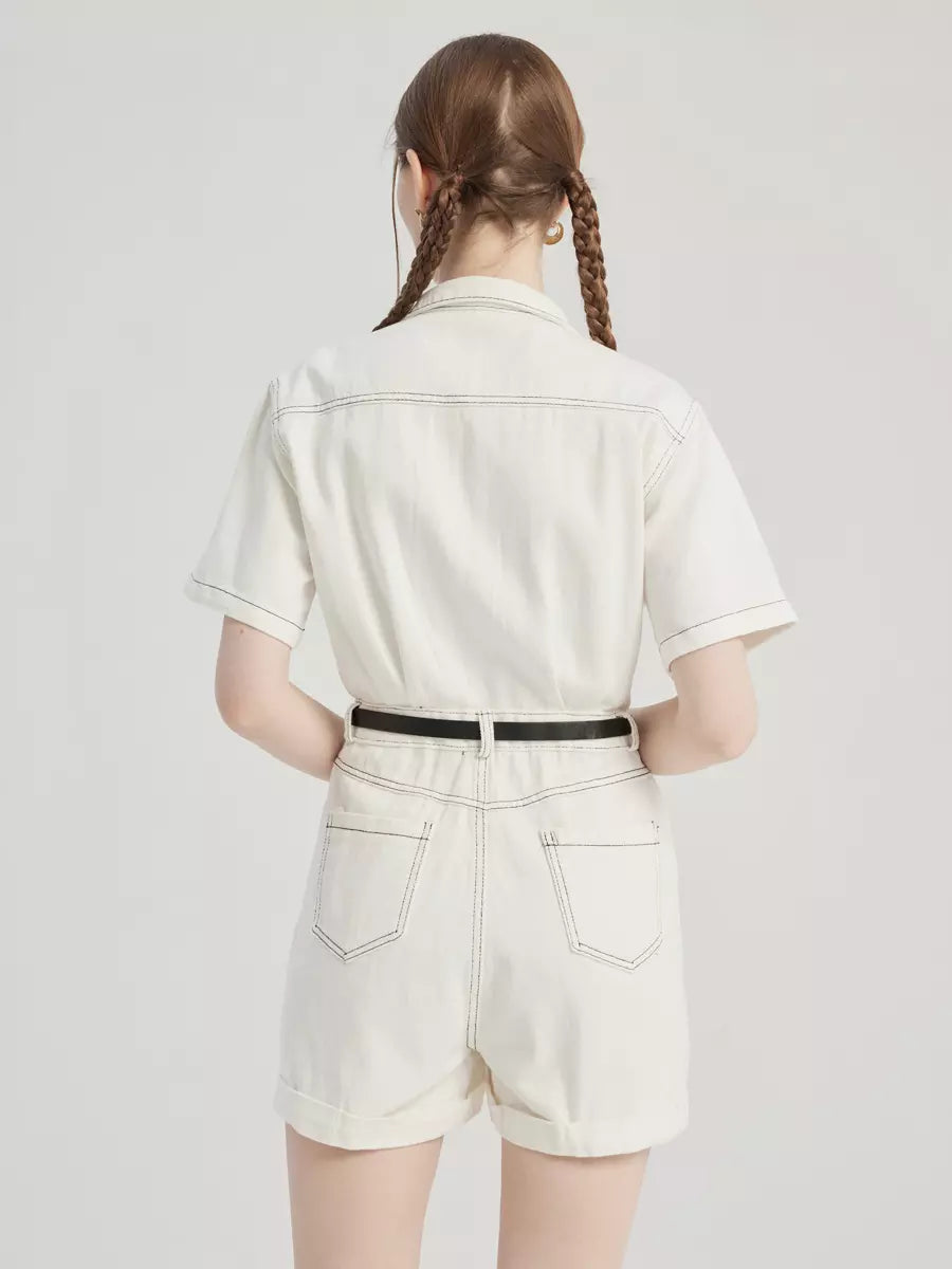 Casual Denim Solid Color Buttons Short Sleeve Jumpsuit Mssza