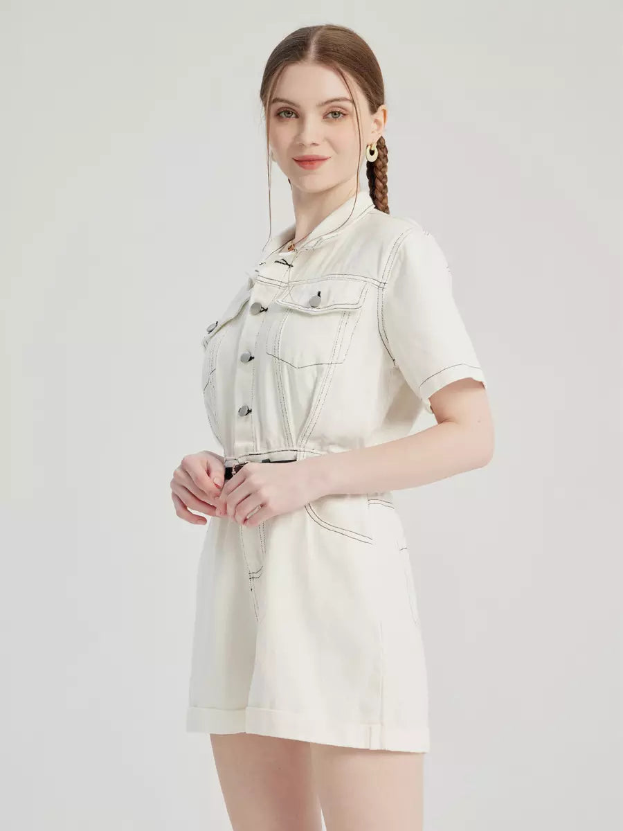 Casual Denim Solid Color Buttons Short Sleeve Jumpsuit Mssza