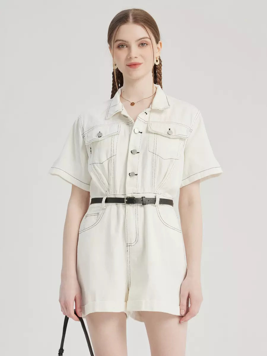 Casual Denim Solid Color Buttons Short Sleeve Jumpsuit Mssza