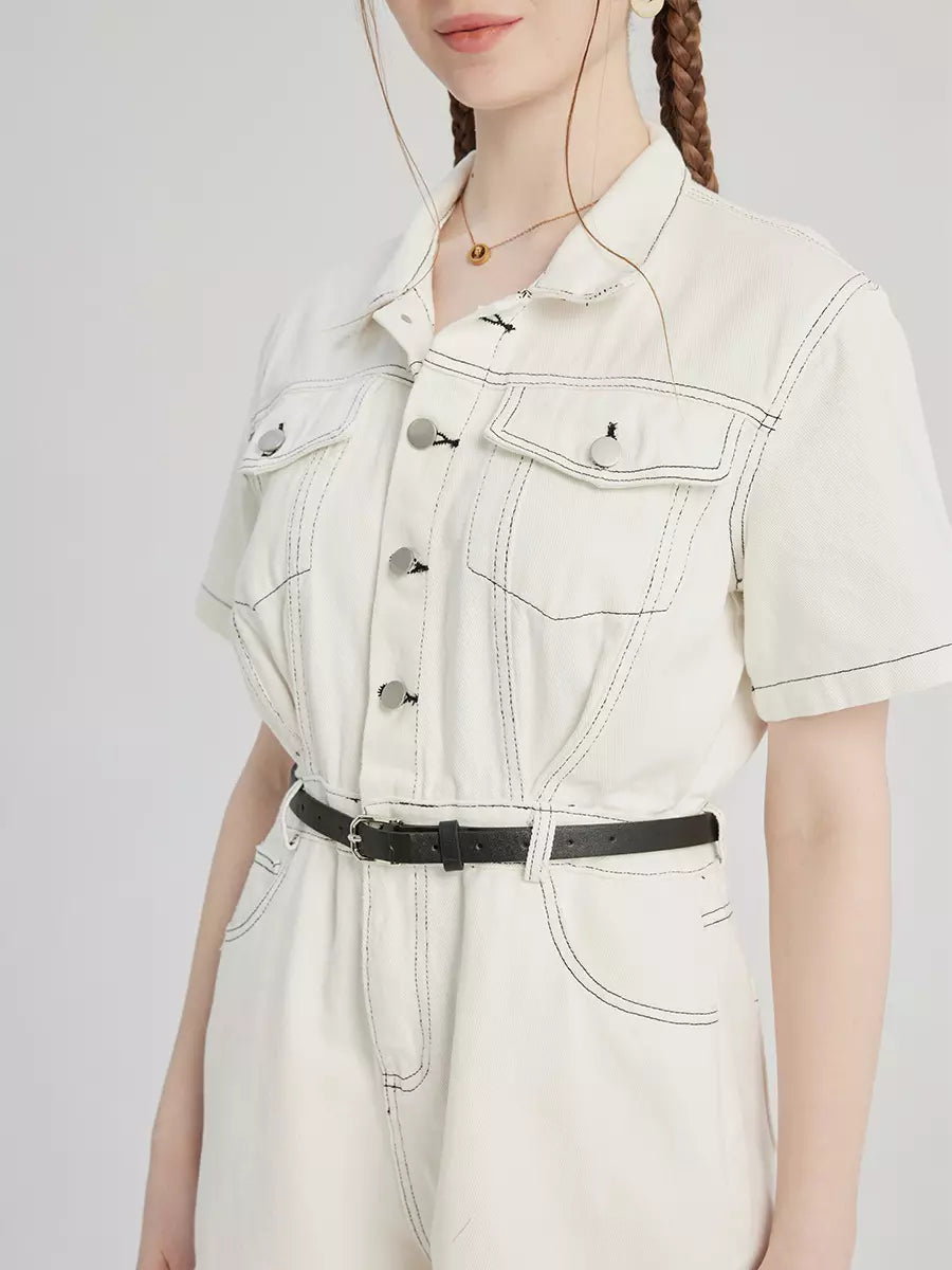 Casual Denim Solid Color Buttons Short Sleeve Jumpsuit Mssza