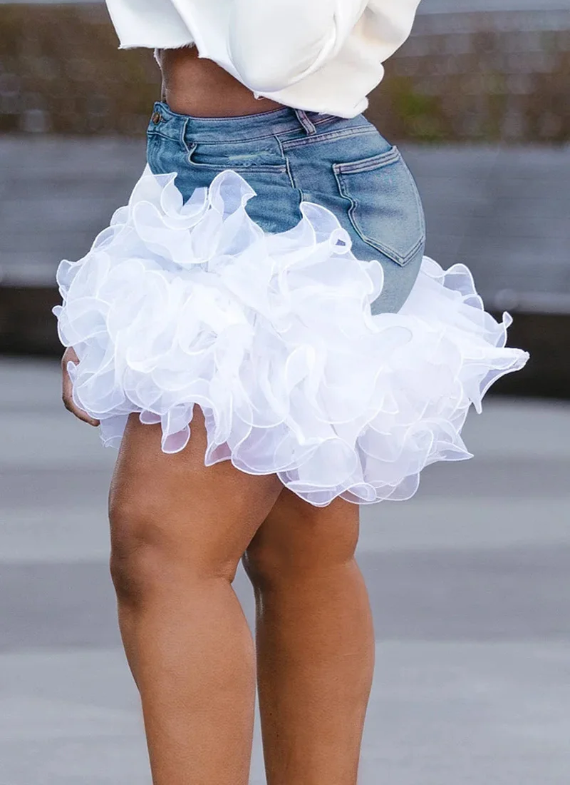 Casual Denim Tulle Pockets High Waist Streetwear Vintage Mini Skirts Mssza