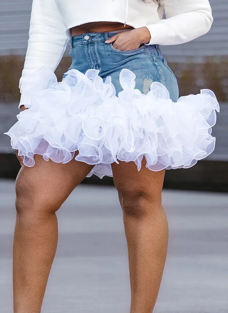 Casual Denim Tulle Pockets High Waist Streetwear Vintage Mini Skirts Mssza