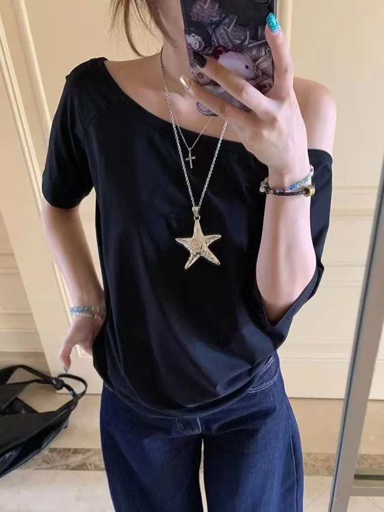Casual Design Off Shoulder Solid Short Sleeve Chic Loose T-shirts Mssza