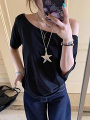 Casual Design Off Shoulder Solid Short Sleeve Chic Loose T-shirts Mssza