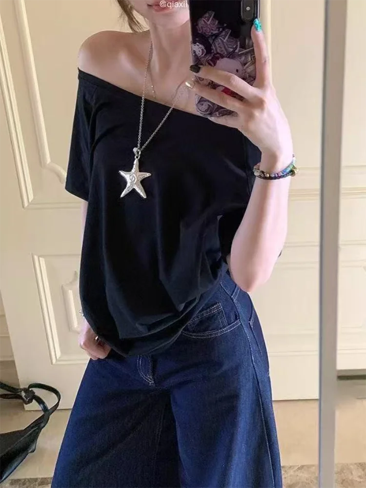 Casual Design Off Shoulder Solid Short Sleeve Chic Loose T-shirts Mssza
