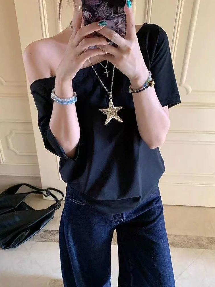 Casual Design Off Shoulder Solid Short Sleeve Chic Loose T-shirts Mssza